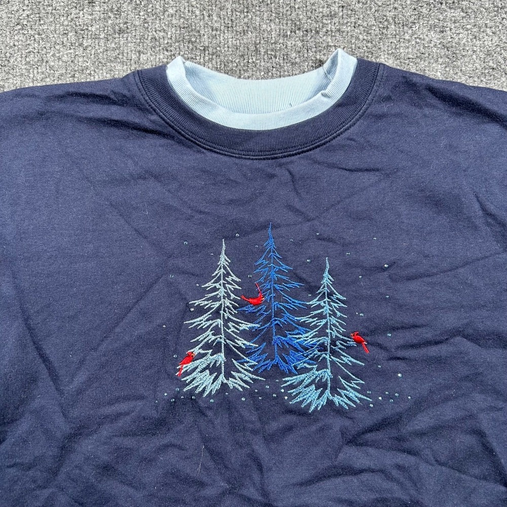Unbranded Sweatshirt Womens XL Navy Blue Embroidered Winter Trees Cardinal